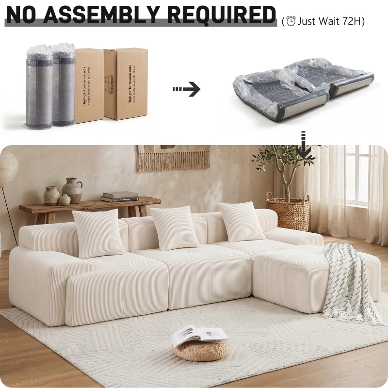 Modern Modular Compressed Sofa with Movable Ottoman, Memory-Foam Corner Couch for Apartments and Bedrooms, 118"L x 39.5"W x 29.5"H, Beige