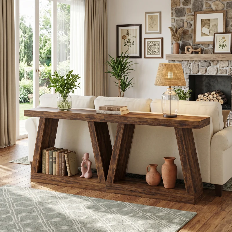 HOMCOM 55" Farmhouse Console Table, 2-Tier Entryway Table with Storage for Hallway, Living Room, Behind Couch, Rustic Brown