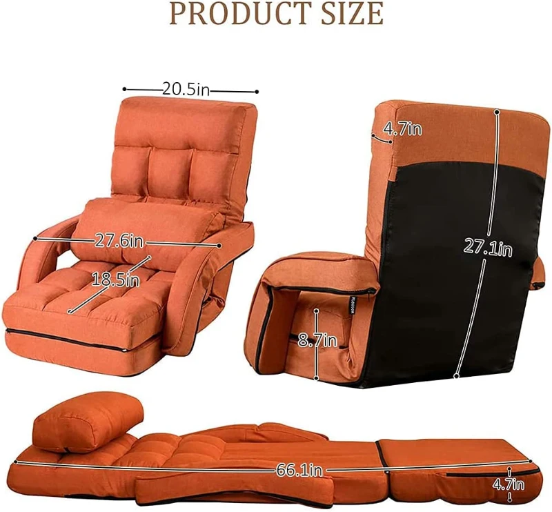 Cozy Floor Chair with 14 Adjustable Positions, Foldable Lazy Lounger for Home Offices and Gaming Rooms, 26.5"L x 22"W x 27"H, Orange