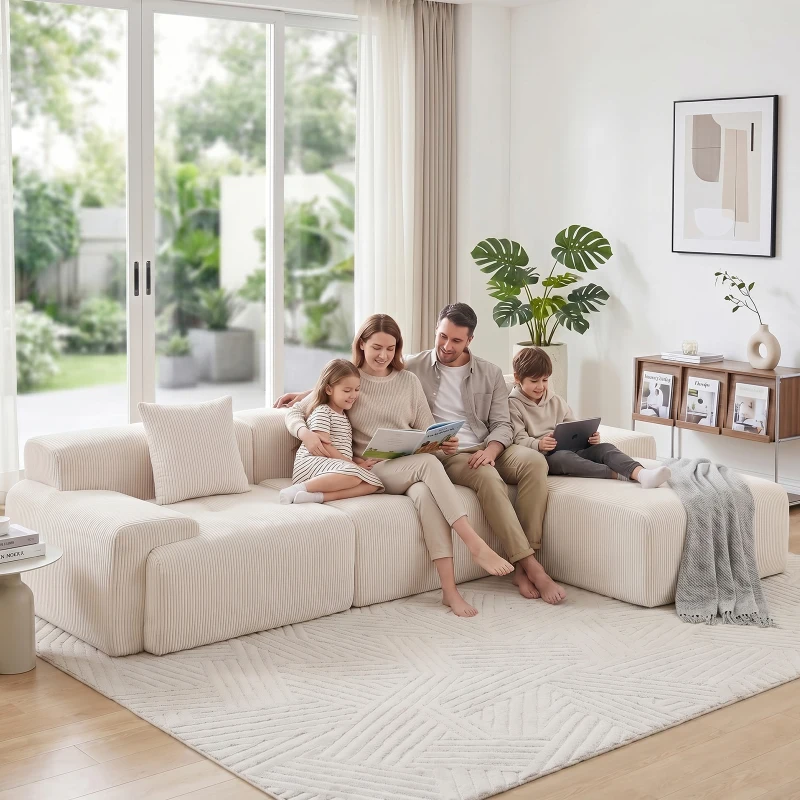 Modern Modular Compressed Sofa with Movable Ottoman, Memory-Foam Corner Couch for Apartments and Bedrooms, 118"L x 39.5"W x 29.5"H, Beige