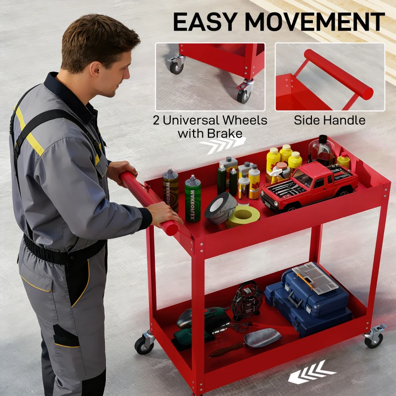 DURHAND Rolling Tool Cart, 2 Tier Mobile Service Utility Cart with Wheels, Red