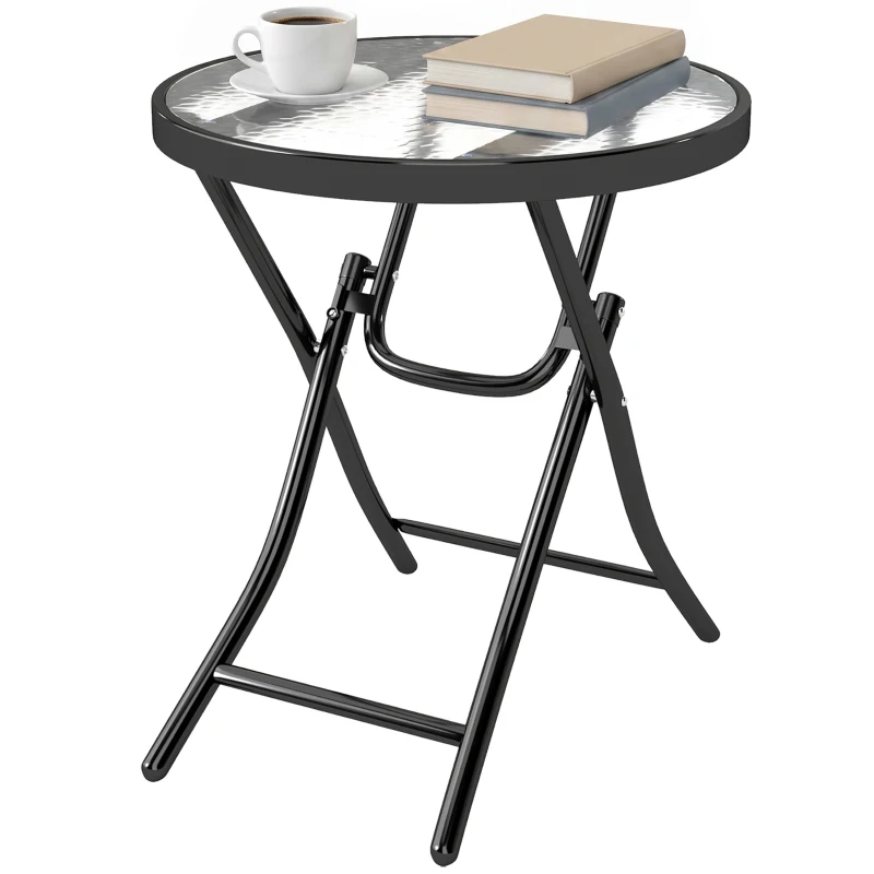 Outsunny Φ18" Round Patio Table, Folding Coffee Table with Tempered Glass Tabletop for Patio, Balcony, Backyard