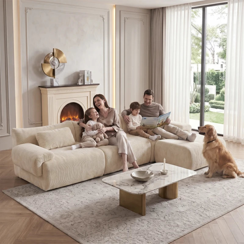 L-Shaped Compressed Sofa with High-Density Chenille Fabric and Supportive Backrests, Stylish Couch with Boneless Construction, 126"L x 68.5"W x 32"H, Beige