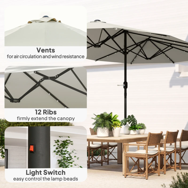 Outsunny 173" Double-Sided Sun Umbrella Garden Parasol Patio Sun Shade Outdoor with LED Solar Light, Cream White