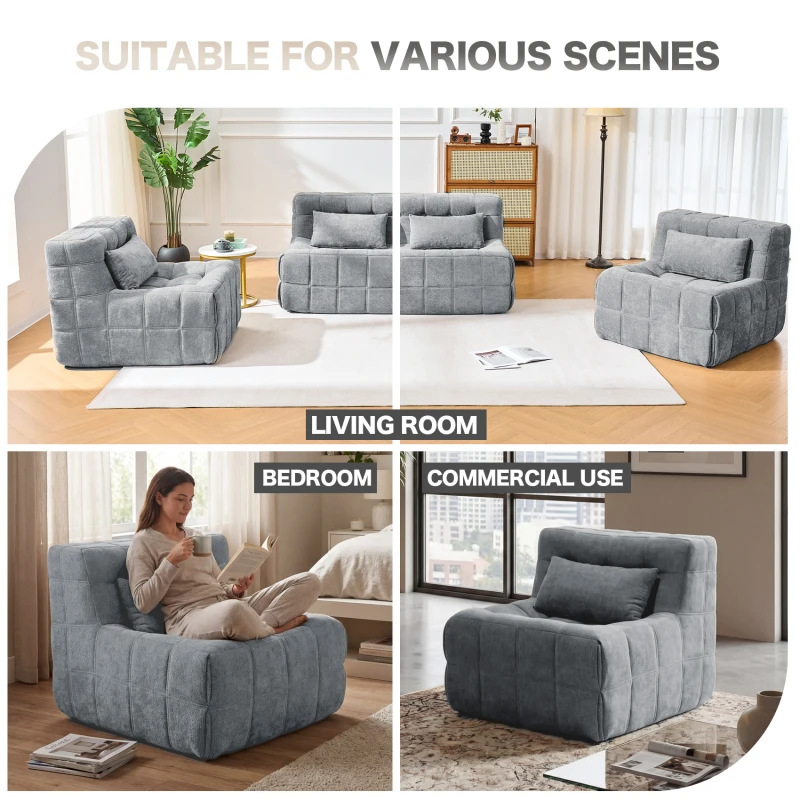 Cozy Modular Accent Chair with High-Resilience Sponge, Easy-Clean Couch with Detachable Cover and Anti-Slip Bottom, 63"L x 36"W x 29"H, Gray
