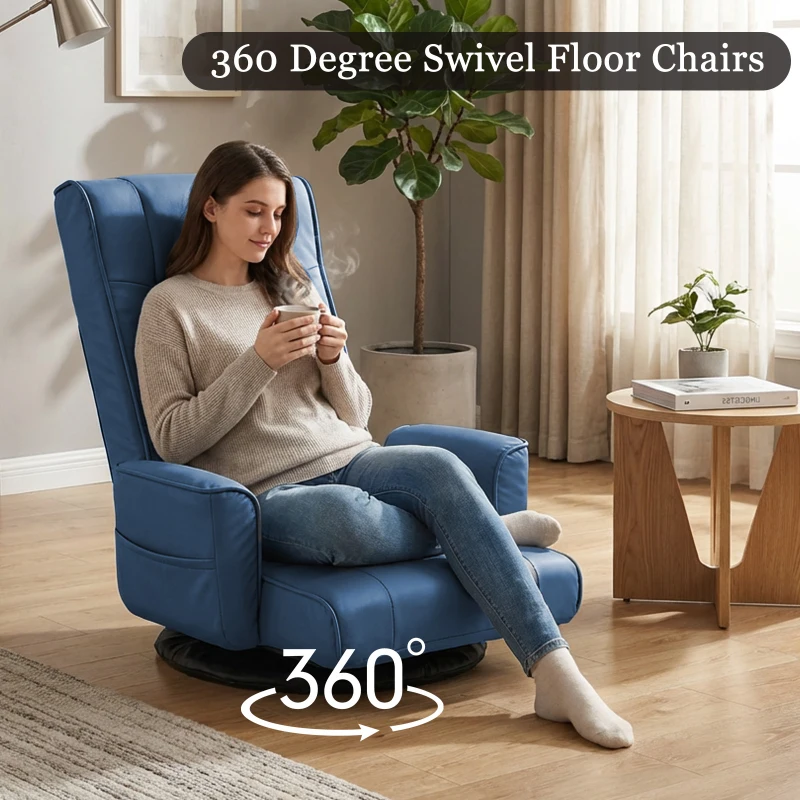 14-Angle Swivel Floor Chair with Foldable Design and Breatherable Faux Leather, Ideal Sofa Bed for Ovrnight Guests, 29"L x 19.5"W x 30.5"H, Blue