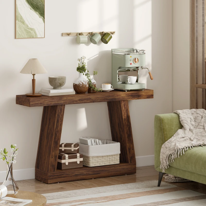 HOMCOM 55" Farmhouse Console Table, 2-Tier Entryway Table with Storage for Hallway, Living Room, Behind Couch, Rustic Brown