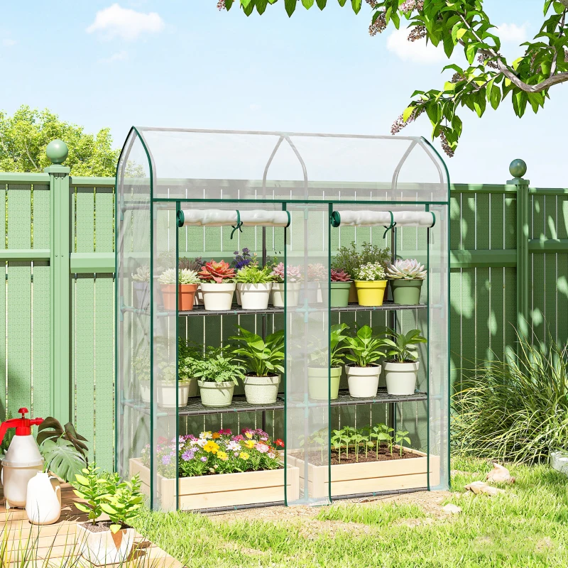 Outsunny 3 Tier Mini Greenhouse, Small Portable Greenhouse with 2 Roll-up Doors, 56.3" x 18.1" x 65", Clear