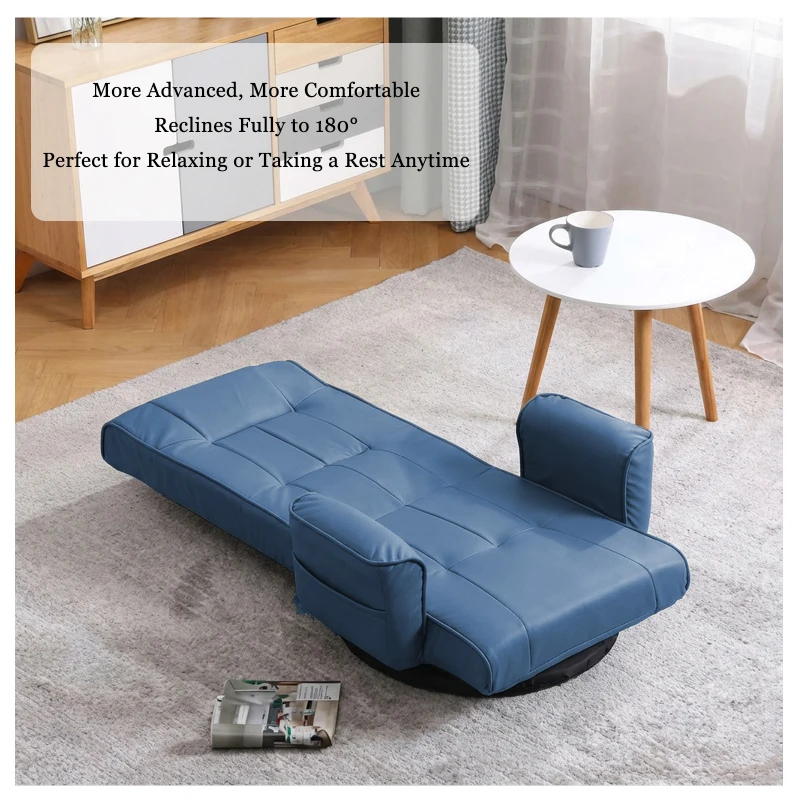 14-Angle Swivel Floor Chair with Foldable Design and Breatherable Faux Leather, Ideal Sofa Bed for Ovrnight Guests, 29"L x 19.5"W x 30.5"H, Blue