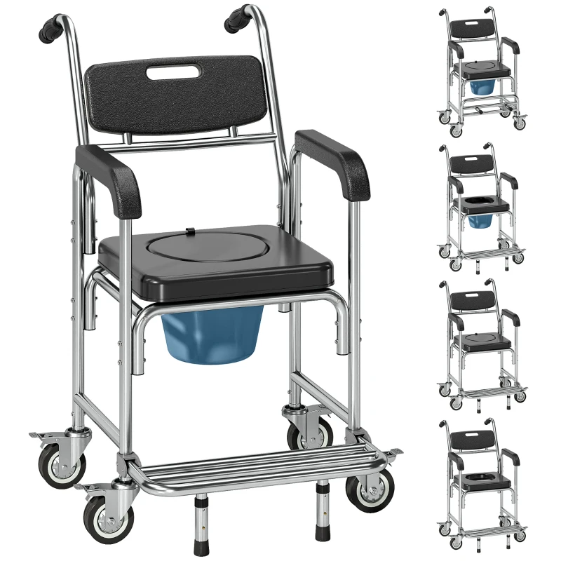 HOMCOM 3-in-1 Shower Commode Wheelchair, Transport Beside Commode Chair with Padded Seat for the Elderly, Disabled