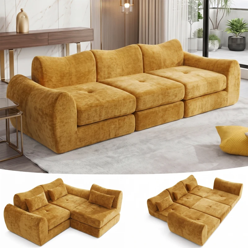 Cozy Compressed Sofa with Customizable Modular Layouts, Flexible Bed Couch for Both Compact and Spacious Spaces, 101.5"L x 36.5"W x 28.5"H, Yellow