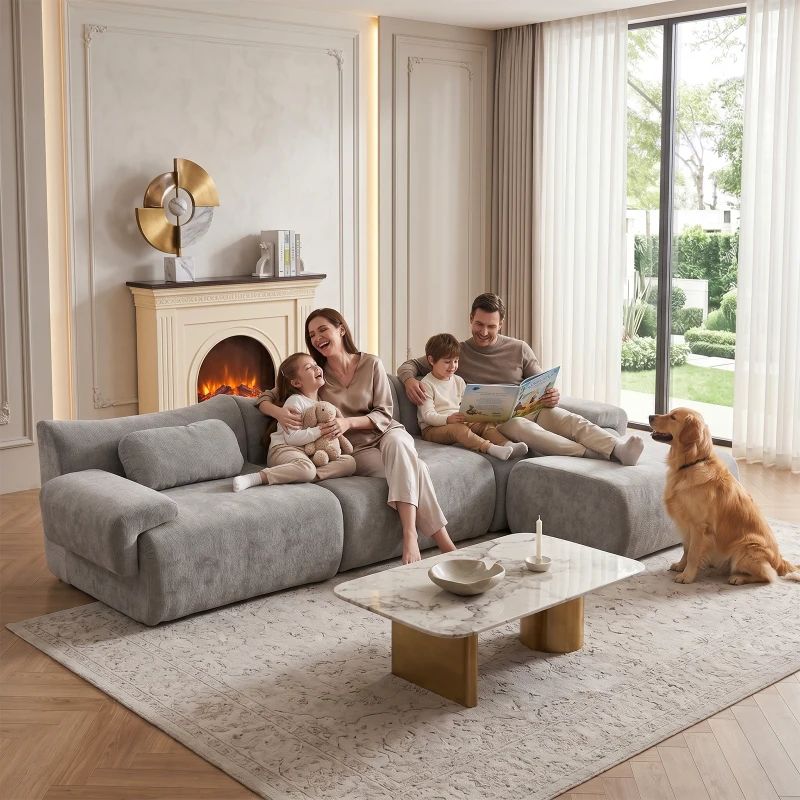 L-Shaped Compressed Sofa with High-Density Chenille Fabric and Supportive Backrests, Stylish Couch with Boneless Construction, 126"L x 68.5"W x 32"H, Gray