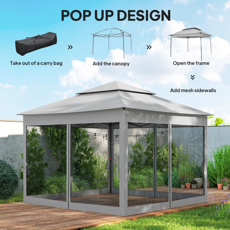 Outsunny 11' x 11' Pop Up Gazebo 2-Tier Soft Top Shelter Event Tent w/ Netting Carry Bag for Patio Backyard Garden, Light Grey