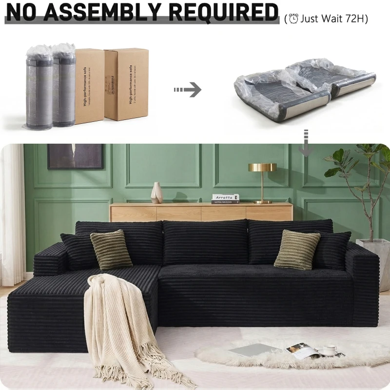 Cozy L-Shaped Compressed Sofa with 1400 lbs Weight Capacity and Cloud-Like Memory Foam, Spacious Couch for Big Families, 108"L x 68"W x 33"H, Black
