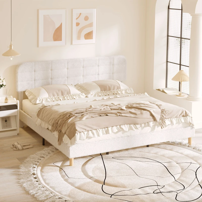 HOMCOM King Size Bed Frame with Adjustable Headboard Upholstered Platform Bed Frame with Wood Slat Support Noise Free White