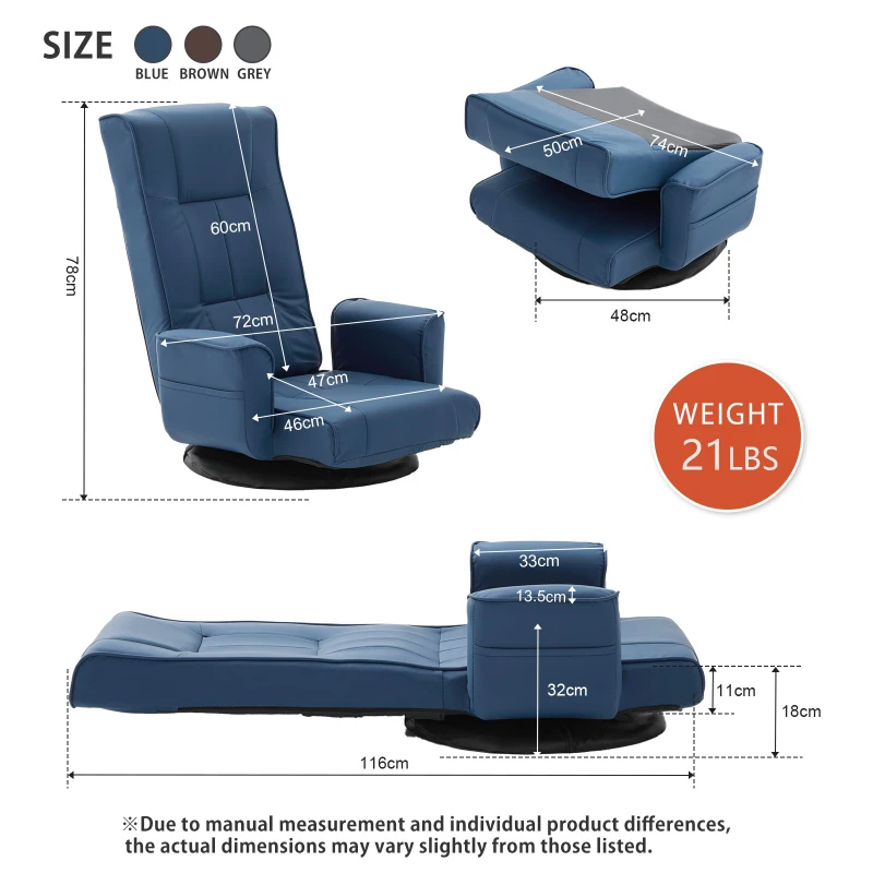 14-Angle Swivel Floor Chair with Foldable Design and Breatherable Faux Leather, Ideal Sofa Bed for Ovrnight Guests, 29"L x 19.5"W x 30.5"H, Blue
