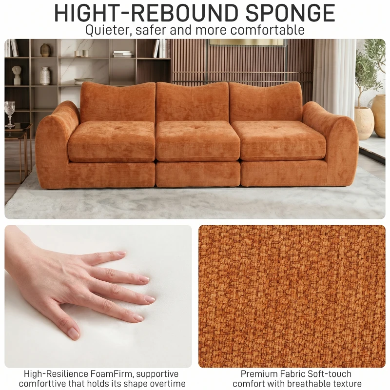 Cozy Compressed Sofa with Customizable Modular Layouts, Flexible Bed Couch for Both Compact and Spacious Spaces, 101.5"L x 36.5"W x 28.5"H, Orange
