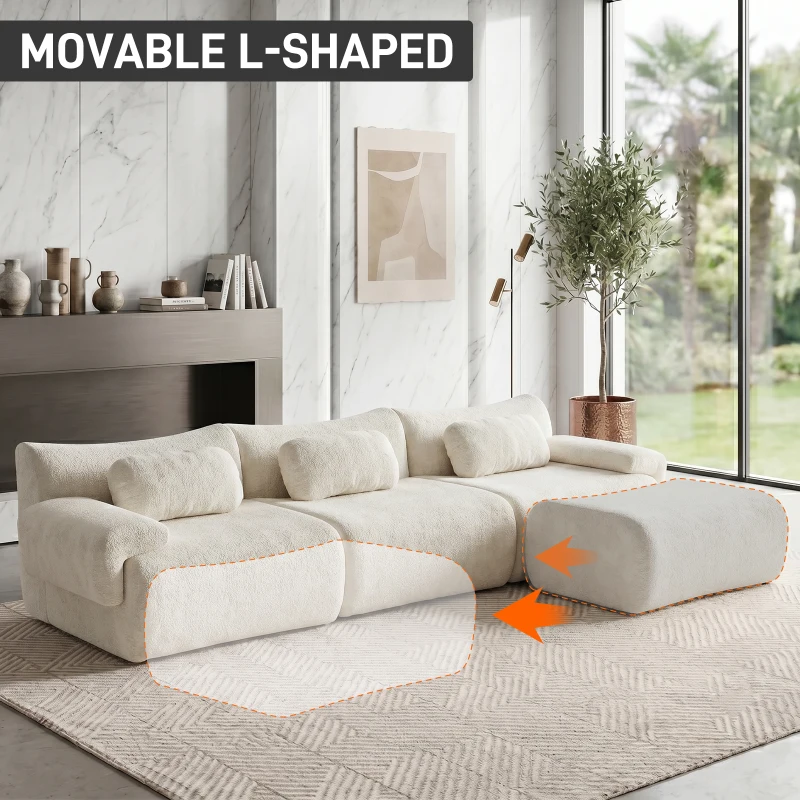 L-Shaped Compressed Sofa with High-Density Chenille Fabric and Supportive Backrests, Stylish Couch with Boneless Construction, 126"L x 68.5"W x 32"H, Beige