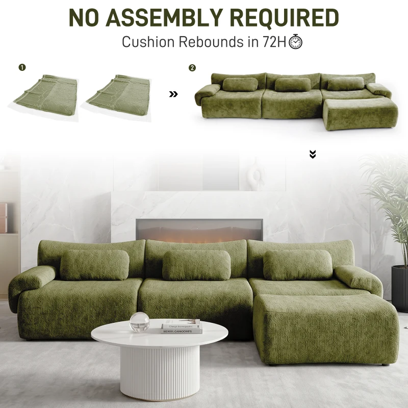 L-Shaped Compressed Sofa with High-Density Chenille Fabric and Supportive Backrests, Stylish Couch with Boneless Construction, 126"L x 68.5"W x 32"H, Green
