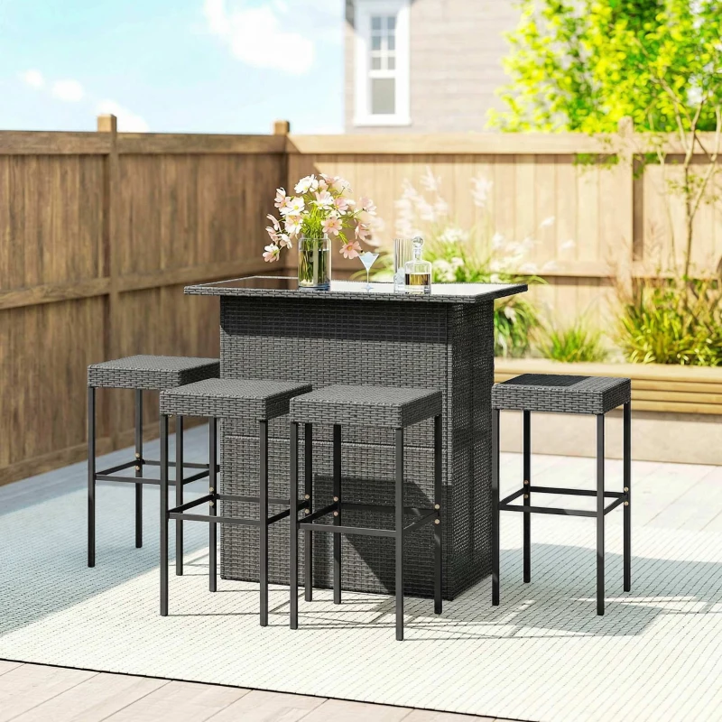 Outsunny 5 Piece Rattan Wicker Bar Set, High Top Outdoor Table and Chairs, Bar Height Patio Set, 2 Shelves & 4 Bar Stools, Gray