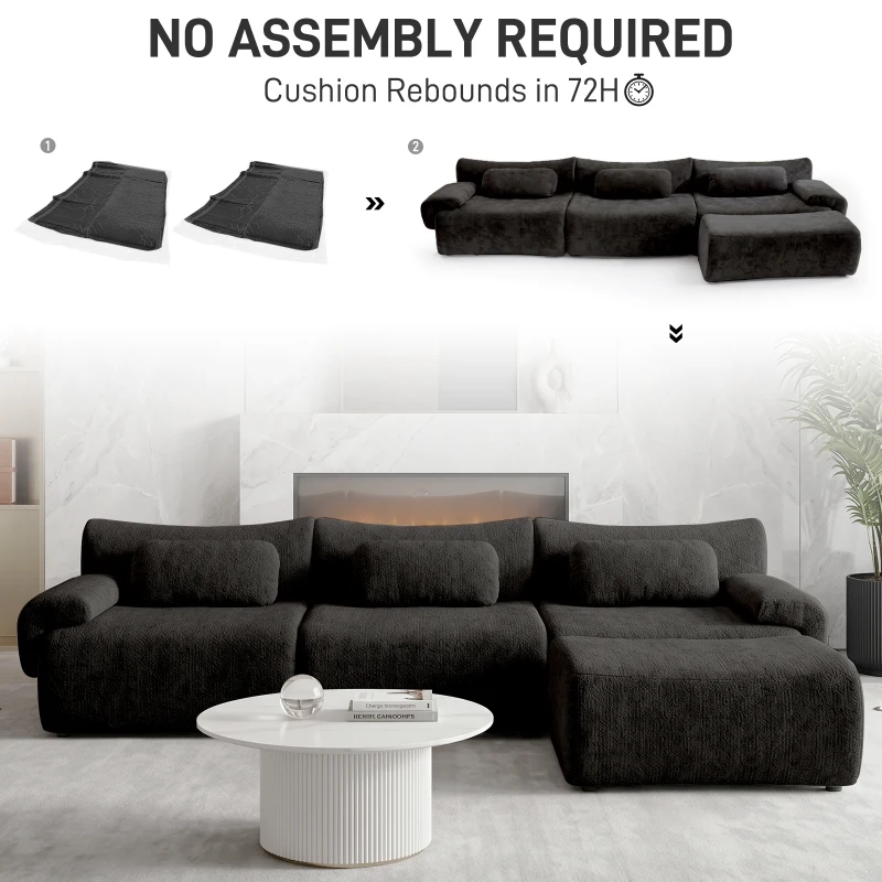 L-Shaped Compressed Sofa with High-Density Chenille Fabric and Supportive Backrests, Stylish Couch with Boneless Construction, 126"L x 68.5"W x 32"H, Black