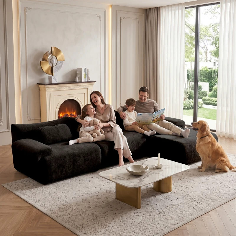 L-Shaped Compressed Sofa with High-Density Chenille Fabric and Supportive Backrests, Stylish Couch with Boneless Construction, 126"L x 68.5"W x 32"H, Black
