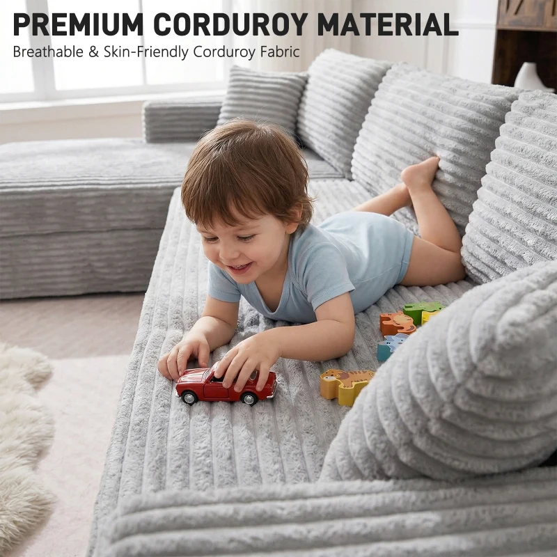Cozy L-Shaped Compressed Sofa with 1400 lbs Weight Capacity and Cloud-Like Memory Foam, Spacious Couch for Big Families, 108"L x 68"W x 33"H, Gray