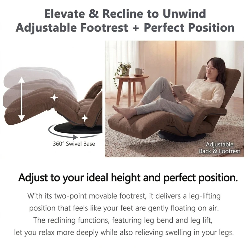 Swivel Gaming Chair with Adjustable Footrest, Ideal Floor Lounger for Living Room, Bedroom, or Gaming Setup, 20.5"L x 39.5"W x 26"H, Brown