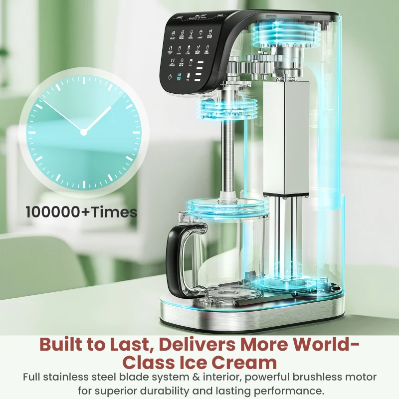 Automatic 11-in-1 Ice Cream Maker Machine with 3 Family Pints, Compact Frozen Dessert Maker for Home Kitchens, 12" L x 7.5" W x 17.5" H, Silver