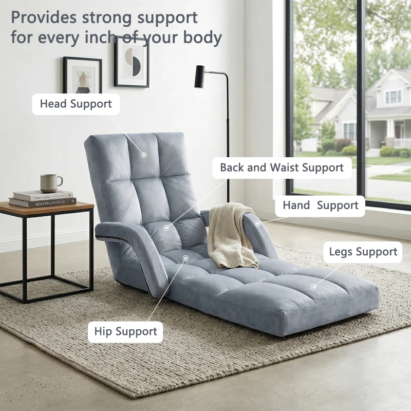 Folding Floor Chair with 14 Precision Adjustment Levels, Practical Floor Lounger for Reading, Gaming, or Relaxing, 20.5"L x 39.5"W x 25.5"H, Gray