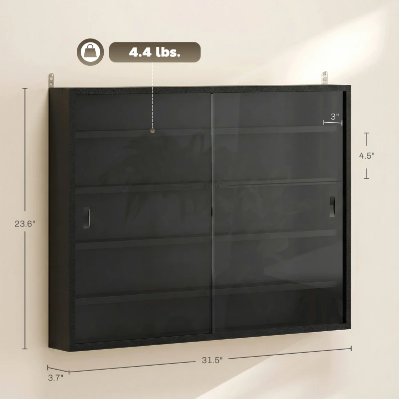 HOMCOM 5-Tier Display Cabinet, Wall-Mounted Display Case with 2 Glass Doors and Adjustable Shelves, Jet Black
