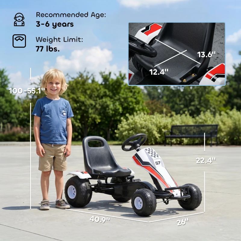Aosom Pedal Go Kart Children Ride on Car Racing Style with Adjustable Seat, Plastic Wheels, Handbrake and Shift Lever, White