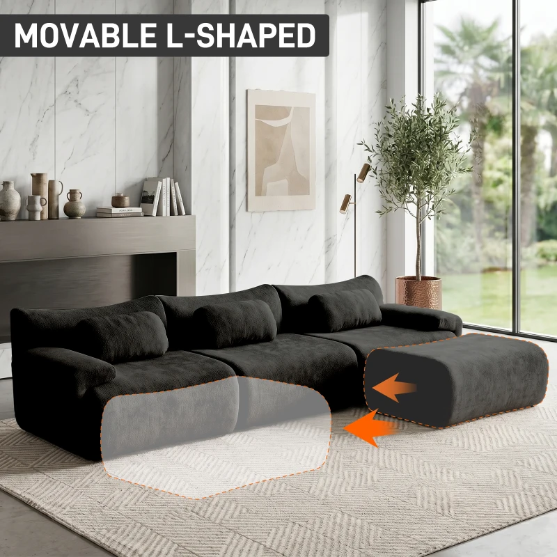L-Shaped Compressed Sofa with High-Density Chenille Fabric and Supportive Backrests, Stylish Couch with Boneless Construction, 126"L x 68.5"W x 32"H, Black