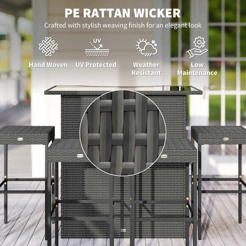 Outsunny 5 Piece Rattan Wicker Bar Set, High Top Outdoor Table and Chairs, Bar Height Patio Set, 2 Shelves & 4 Bar Stools, Gray
