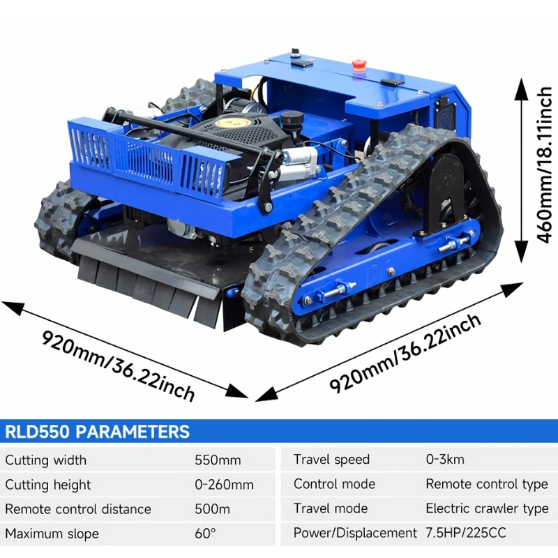 7.5-HP 225cc Gasoline RC Lawn Mower with EPA Engine, Industrial Grass Cutter for Steep Slopes, 36.22 " L x 36.22" W x 18.11" H, Antique Blue