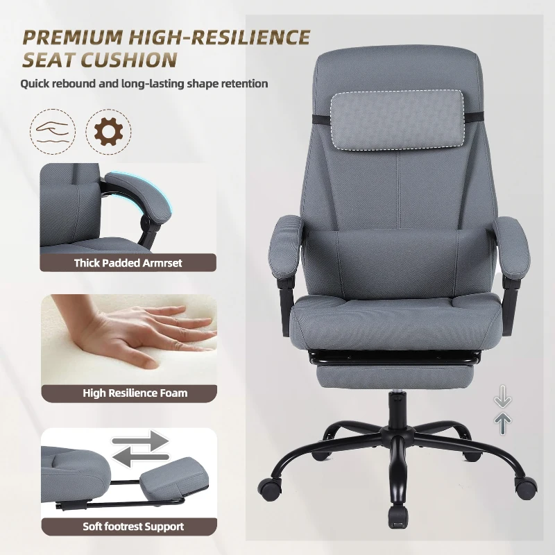 Solid Office Chair with Retractable Footrest and Ergonomic Support, Cozy Executive Seat for Home, Office, or Gaming, 28.5"L x 29"W x 50.5"H, Grey