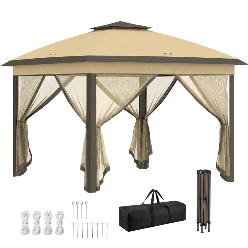 Outsunny 11' x 11' Pop Up Gazebo, Double Roof Foldable Height Adjustable Canopy Tent with Mesh Sidewalls, Carrying Bag, Beige