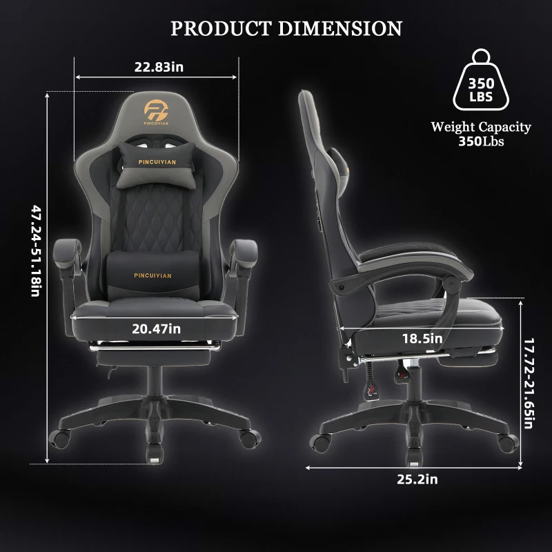 Ergonomic Gaming Chair with Adjustable Lumbar Support, Ideal Computer Seat for Home Offices, Gaming Setups, 25"L x 25"W x 51"H, Gray