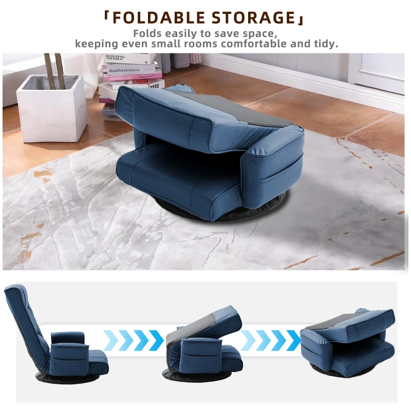 14-Angle Swivel Floor Chair with Foldable Design and Breatherable Faux Leather, Ideal Sofa Bed for Ovrnight Guests, 29"L x 19.5"W x 30.5"H, Blue