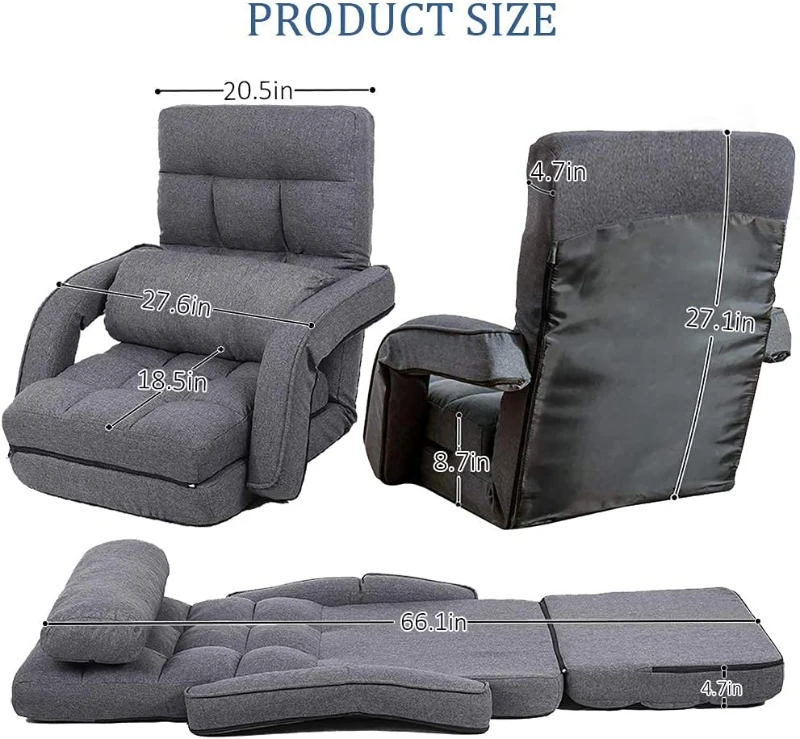 Cozy Floor Chair with 14 Adjustable Positions, Foldable Lazy Lounger for Home Offices and Gaming Rooms, 26.5"L x 22"W x 27"H, Gray