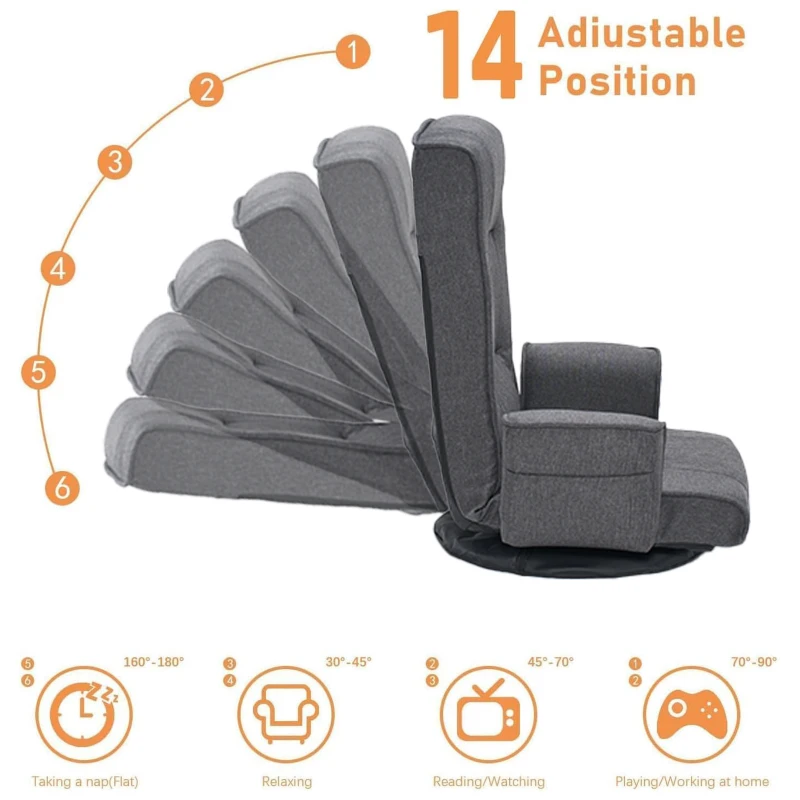 Swivel Floor Chair with 14-Angle Adjustable Backrest, Versatile Floor Lounger for Gaming, Meditation, and TV Watching, 18"L x 18.5"W x 30.5"H, Gray