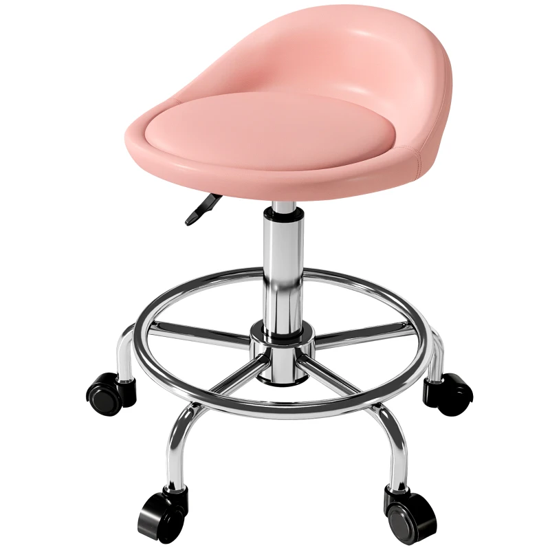 HOMCOM PU Leather Rolling Stool, Height Adjustable Swivel Salon Chair with Backrest and Foot Rest for Spa, Tattoo, Pink