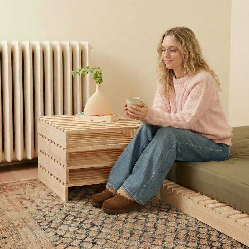 Minimalist Solid Wood Modular Bed Frame with Slatted Support, Heavy-Duty Platform Foundation for Bedrooms, 203L x 152.5W x 10H cm, Wooden