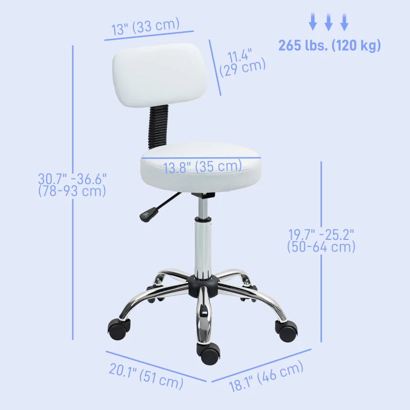 HOMCOM Adjustable Rolling Stool with Removable Backrest, Faux Leather Swivel Stool Chair for Salon Spa, Bar, Massage, White