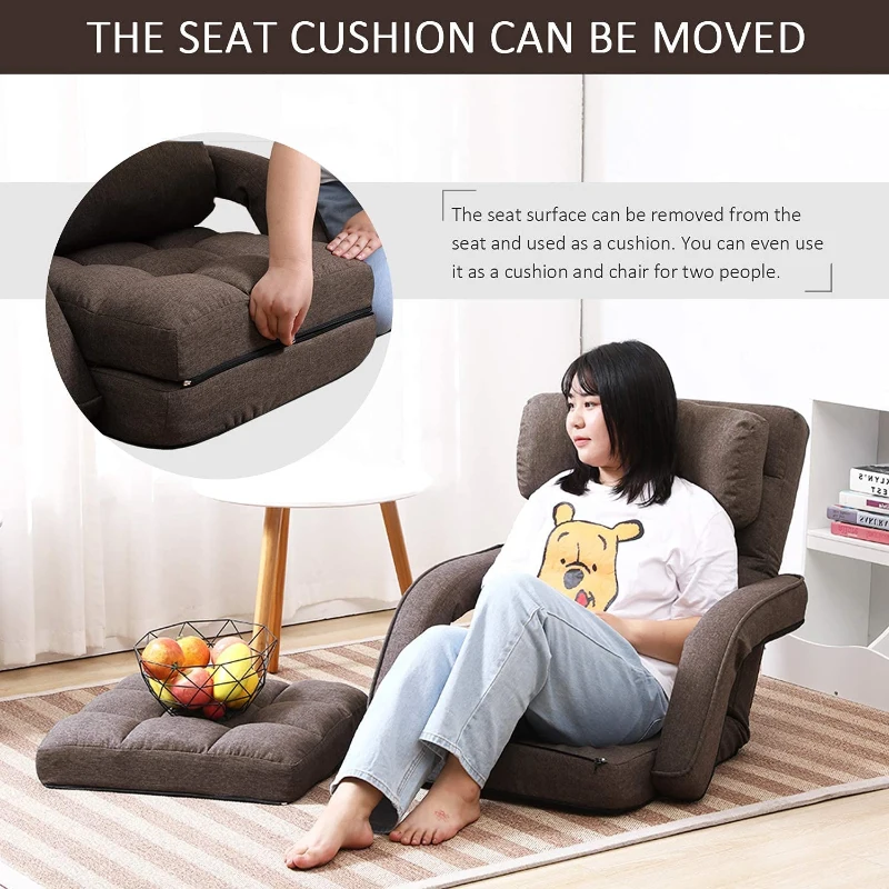 Cozy Floor Chair with 14 Adjustable Positions, Foldable Lazy Lounger for Home Offices and Gaming Rooms, 26.5"L x 22"W x 27"H, Brown