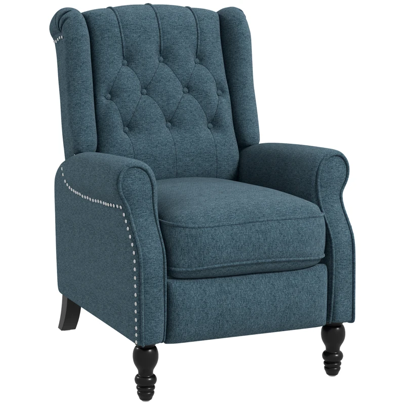 HOMCOM Wingback Reclining Chair with Footrest, Button Tufted Recliner Chair with Rolled Armrests for Living Room, Blue