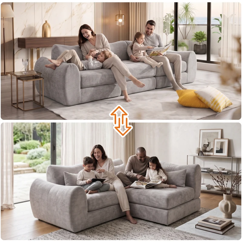 Cozy Compressed Sofa with Customizable Modular Layouts, Flexible Bed Couch for Both Compact and Spacious Spaces, 101.5"L x 36.5"W x 28.5"H, Gray