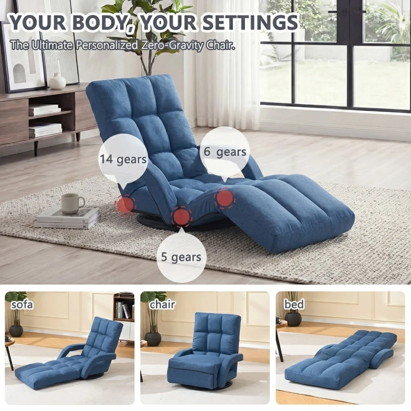 Swivel Gaming Chair with Adjustable Footrest, Ideal Floor Lounger for Living Room, Bedroom, or Gaming Setup, 20.5"L x 39.5"W x 26"H, Blue