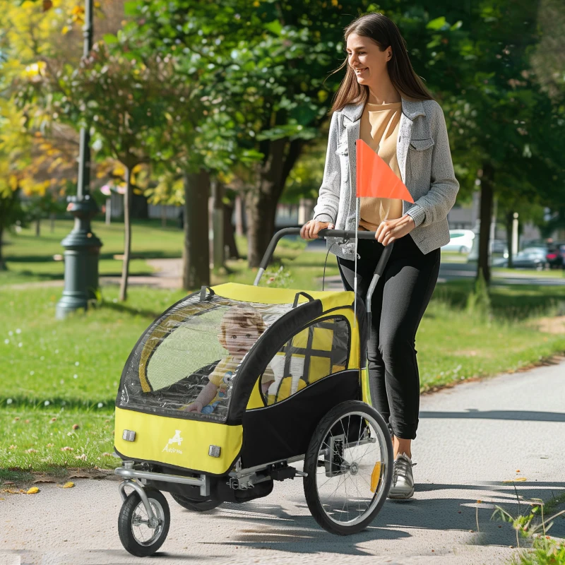 Aosom 2-Seat Elite 360 Swivel Bike Trailer for Kids Bicycle Cargo Trailer with Water-Resistant Windows, Yellow