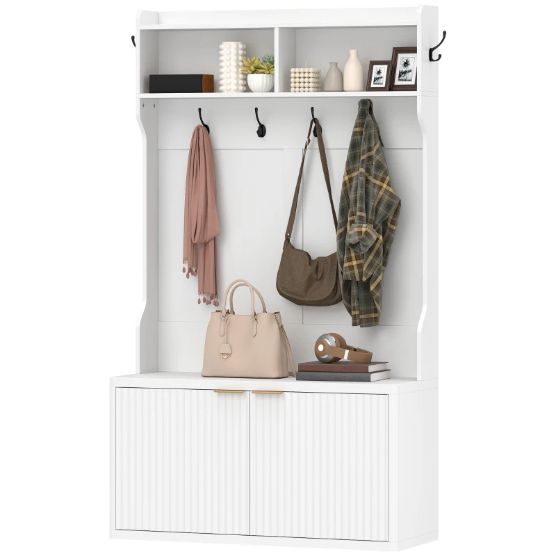 HOMCOM 4-In-1 Hall Tree with Shoe Bench, Modern Coat Rack with Open Shelf for Hallway, Entryway, Bedroom, Living Room, White